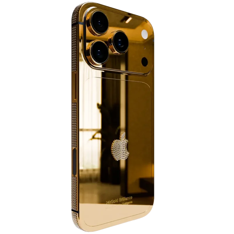 24k Gold iPhone 17 Pro and Pro Max in Crystal Bezel Logo